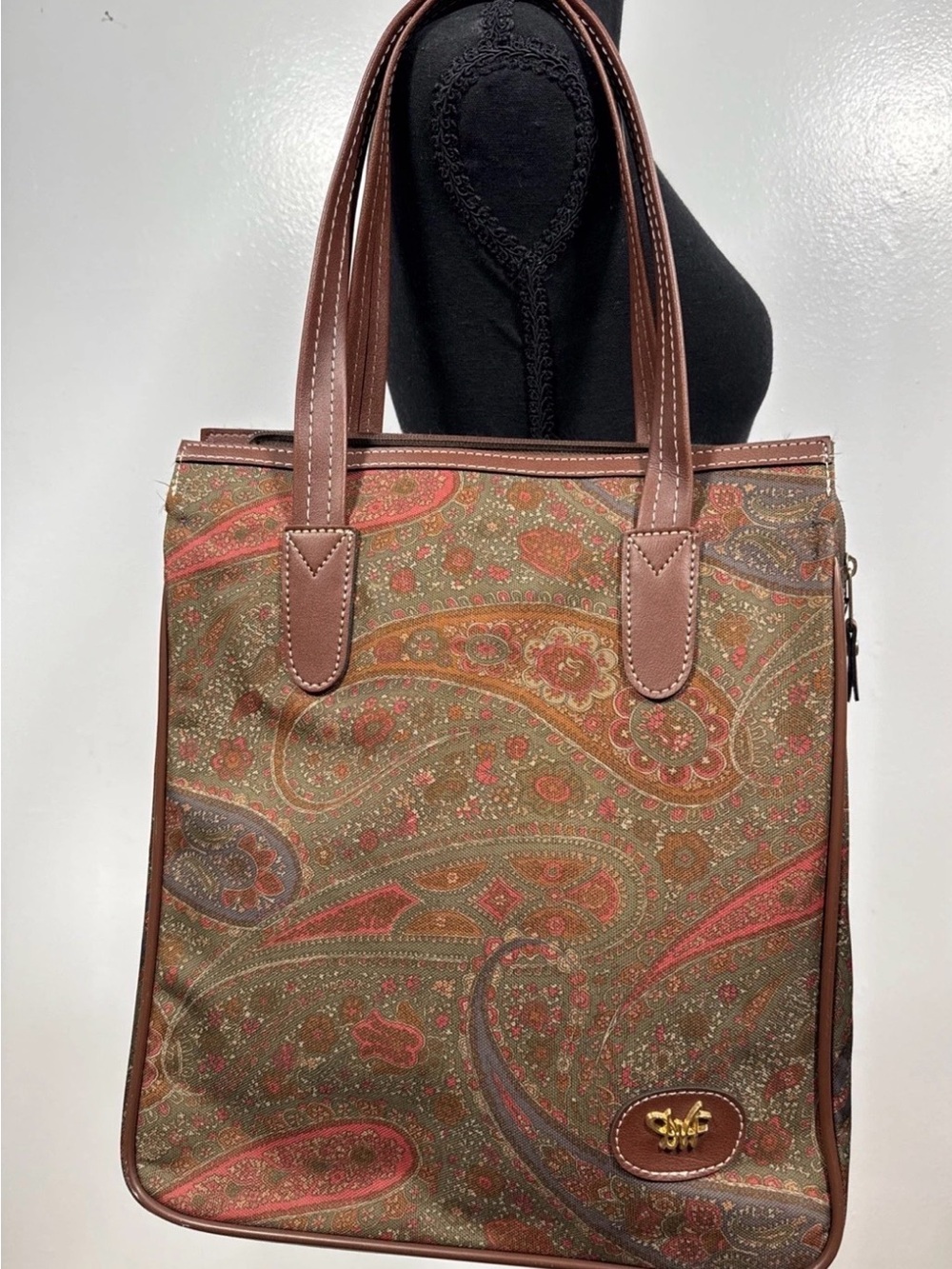 Brown Paisley Tote Bag with Leather Trim